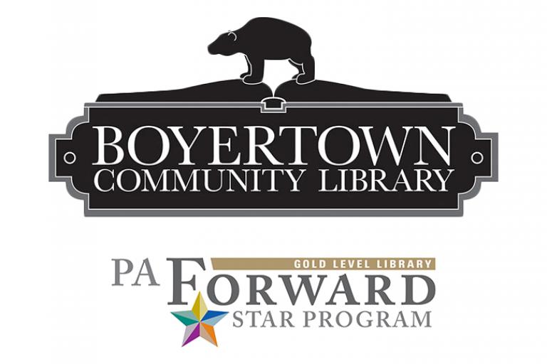 Boyertown Community Library logo with black bear & PA Forward gold star logo