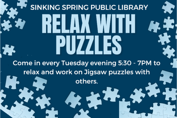 Puzzle pieces and text reads: Relax with puzzles every Tuesday evening 5:30pm-7pm
