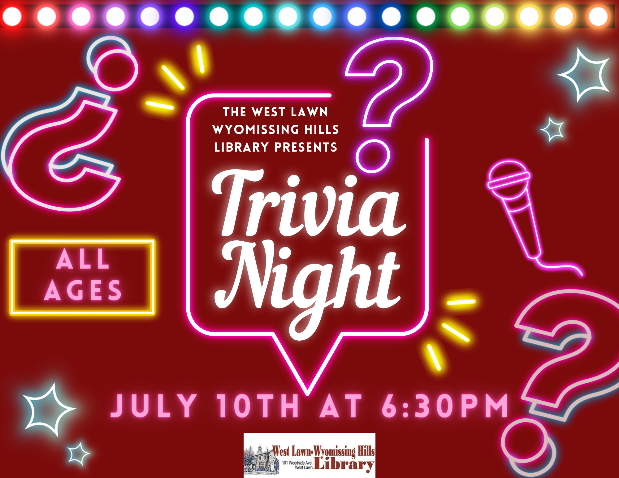 Wednesday, July 10th at 6:30PM   Join us for a night of Family Friendly trivia! All Ages are welcome!  No registration required! Free!  The winning team will receive a small prize from the library!