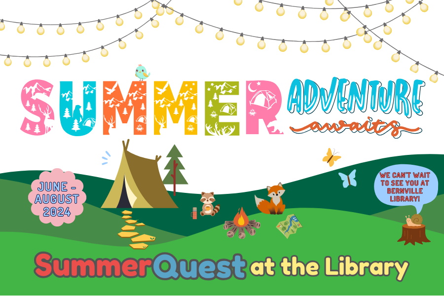 cartoon camping image with the words "Summer Adventure awaits" and "SummerQuest at the Library"