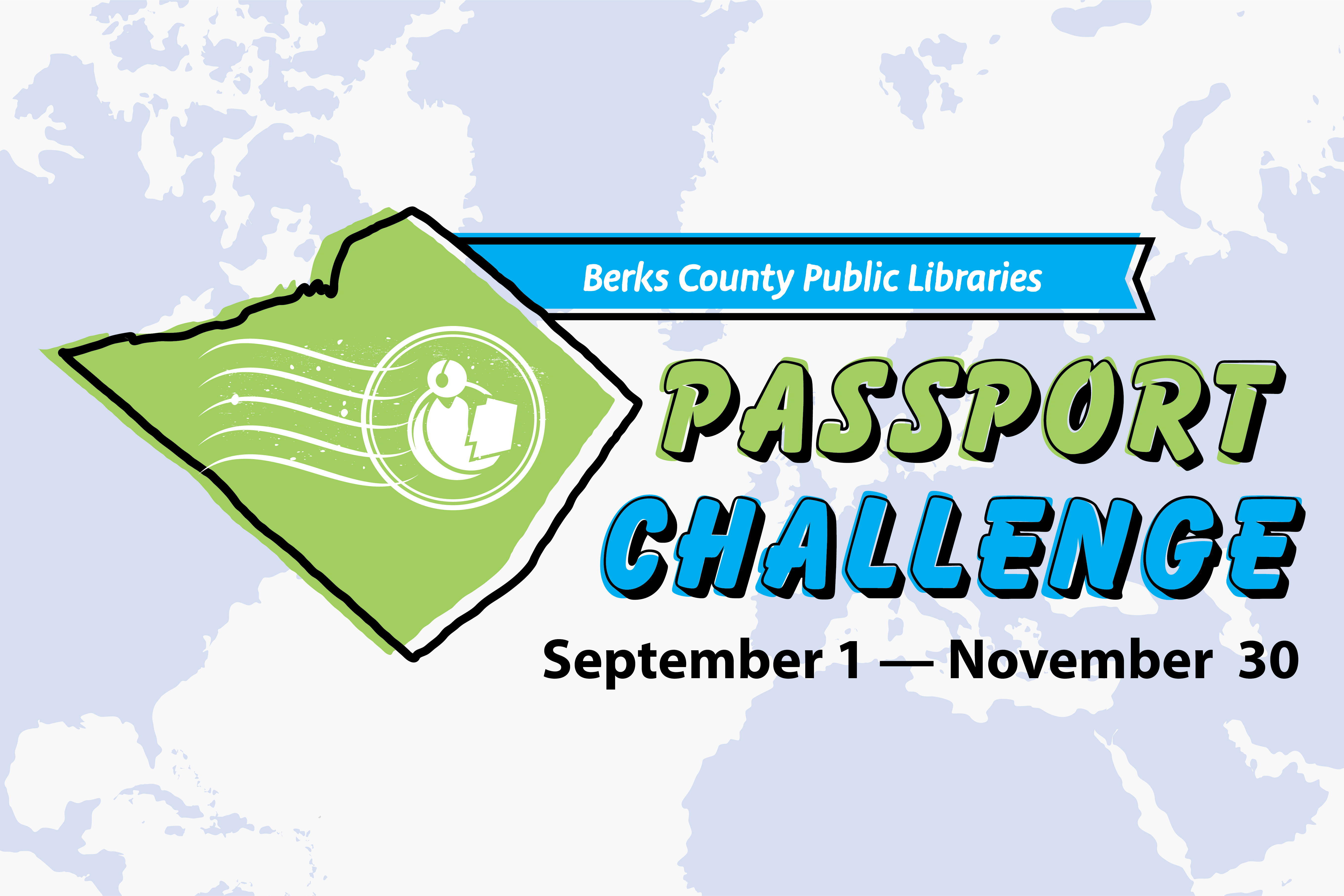 Library Passport Challenge logo on faded world map