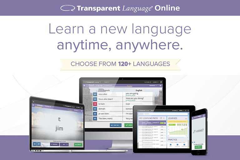 Learn a new language, anytime, anywhere. Computer and mobile devices displaying Transparent Language service.