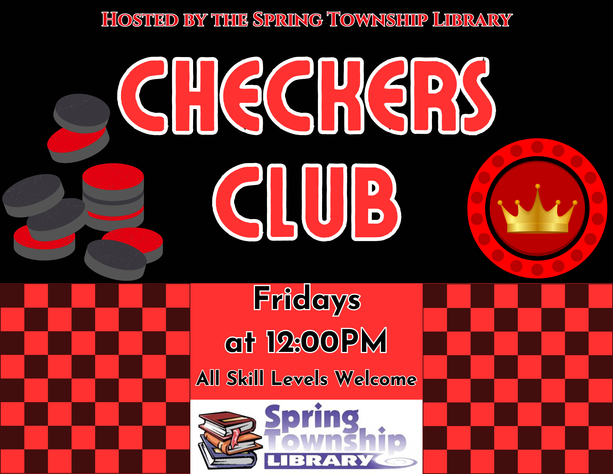 Come play Checkers against your friends or other fans of the game!  We will be meeting every Friday!  This group is designed for adults.