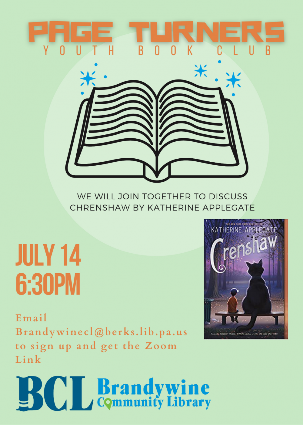 Page Turners flyer for July- Book Club to discuss Crenshaw by Katherine Applegate