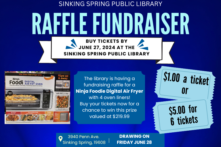 Raffle Fundraiser information with a picture of the Ninja Foodie Digital Air Fryer box.