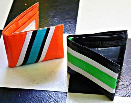 two colorful wallets made from duck tape