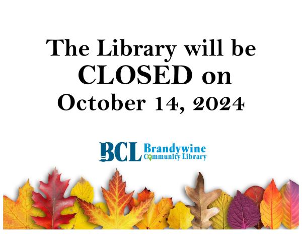 Holiday closure- The library will be Closed on Monday, October 14.  image of autumn leaves and library logo