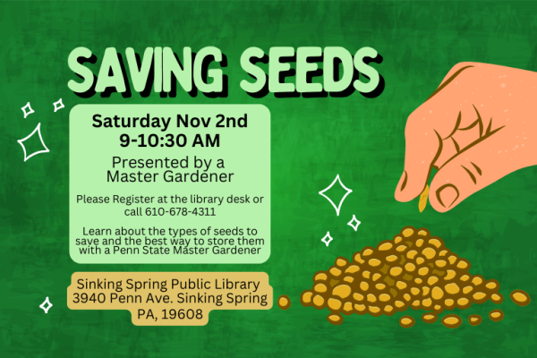 Saving seeds program details pictured with a hand picking up seeds.