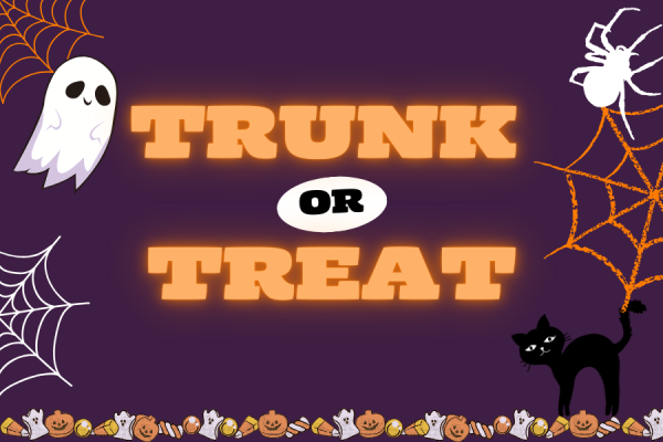 Trunk or Treat. Spiderwebs, a ghost, and a black cat on a purple background.