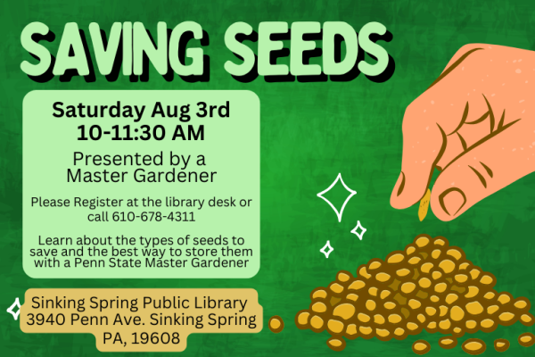 Saving seeds program details pictured with a hand picking up seeds.