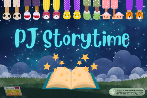 navy blue night sky background with animated pj-clad children's legs above an open book and the words "PJ Storytime"