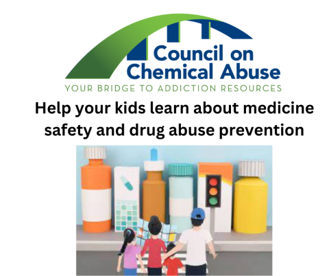 Cartoon family stands in front of medicine cabinet with road map. Text: "Help your kids learn about medicine safety and drug prevention."