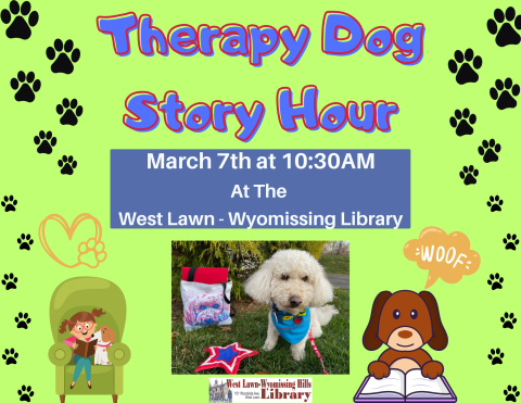 Reading to therapy dogs improves kids' literacy skills and boosts confidence!  Bring your young readers by the Spring Township Library to practice reading to our friendly, trained, and certified therapy dogs.