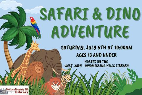 Saturday, July 6th from 10 AM to 12 PM  Children ages 13 and Younger and their families are invited to join us for safari animal themed activities, crafts, games and fun!  Free. No registration required.