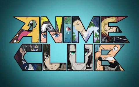colorful letters spelling "Anime Club" on turquoise background