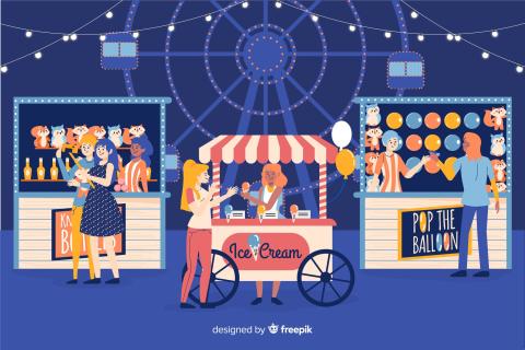 images of animated people at a variety of carnival games on dark blue background