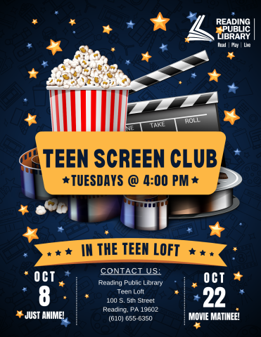 Join our Teen Screen Club to watch and chat about your favorite movies and shows!  One day a month will be a movie matinee, and one day a month will be just anime!  NOTE: There will be no Teen Screen Club October 29 -- join us for the Dia De Los Muertas All Age Program 4:00 PM.