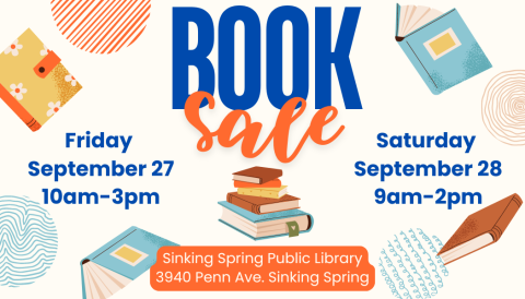 Text reads: Book Sale, Friday September 27 10am-3pm and Saturday September 28 9am-2pm