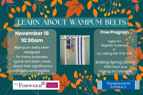 fall leaves, a wampum belt, and program information.