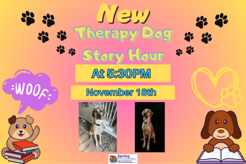 Reading to therapy dogs improves kids' literacy skills and boosts confidence!  Bring your young readers by the Spring Township Library to practice reading to our friendly, trained, and certified therapy dogs.