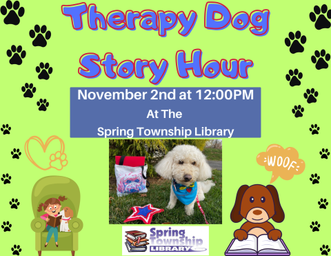 Reading to therapy dogs improves kids' literacy skills and boosts confidence!  Bring your young readers by the West Lawn Wyomissing Library to practice reading to our friendly, trained, and certified therapy dogs.