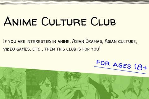 anime culture club information on cream background with green animated characters on bottom of image