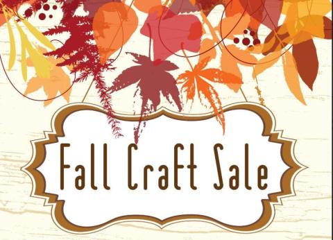 text that reads "fall craft sale" on cream background with yellow, orange, and red leaves above it