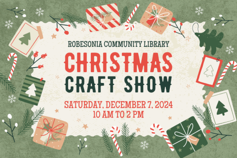 Christmas Craft Show announcement with Christmas cards, trees, presents, and candy canes