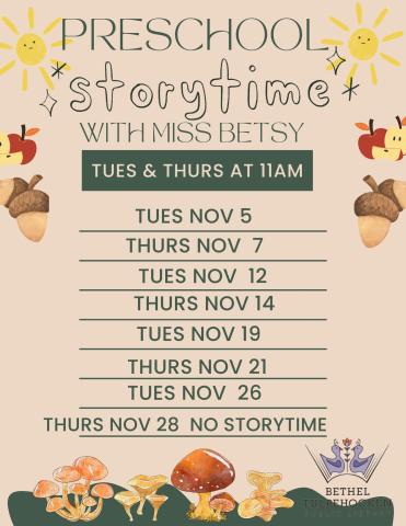 Storytime at the library flyer with dates and fall themed clipart