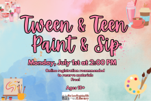 Monday, July 1st at 2 PM | West Lawn  Kids ages 10+ are invited to enjoy painting and trying candy flavored drinks.  Registration is recommended to reserve your materials.  Free.