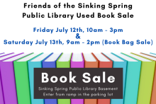 Colorful books with book sale day and time details.