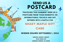 Postcard raffle details with image of vacation destinations.