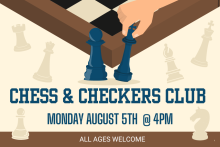 Announcement with chess pieces and chessboard/checkerboard behind
