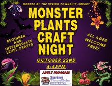 October 22nd 5:45PM  Join us for an adult craft!  Beginner and Intermediate Level Crafts available  Free!