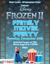 Join us as we watch Olaf, Anna and Elsa’s 2nd Arendelle adventure while enjoying snacks and themed activities! Activities begin at 1 PM, movie beings at 1:30 PM.  Free. No registration required.